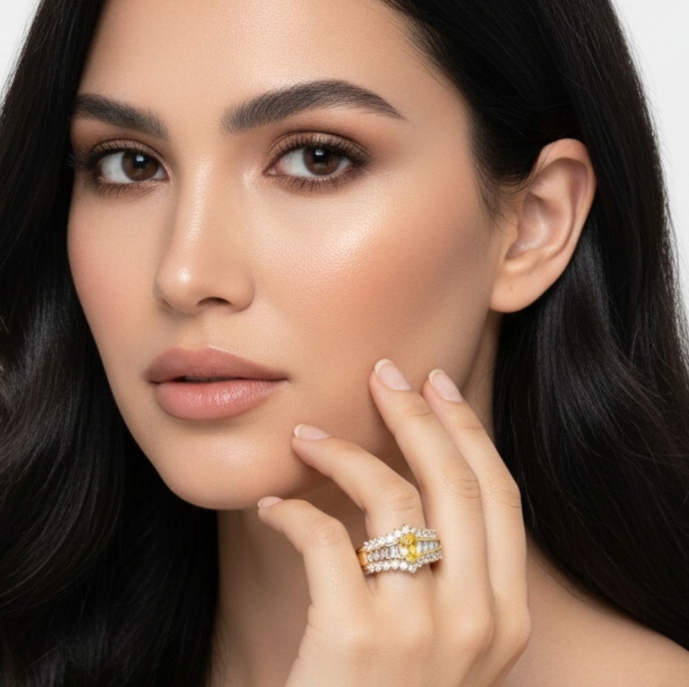 Citrine Yellow CZ Cocktail Ring Gold Tone Baguette Halo Statement Size 7